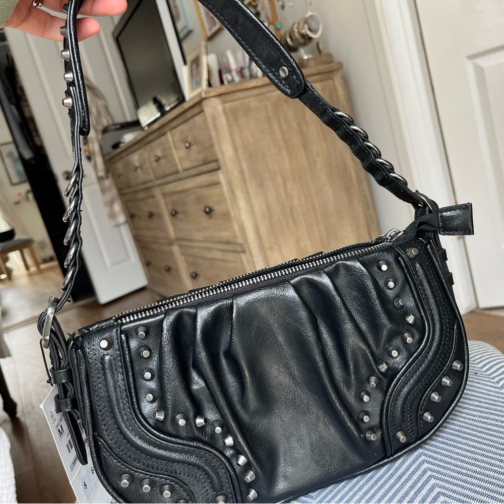 Zara Black Studded Leather Shoulder Bag